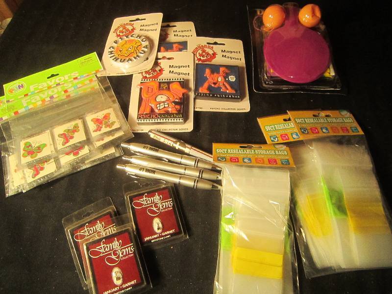 NEW LOT - 3 Birthday Stone Charms for January, 1 Game, 4 Pens, 4 Magnets, 3 Sets of Party Favors, 3 Bags of 50 count , Misc