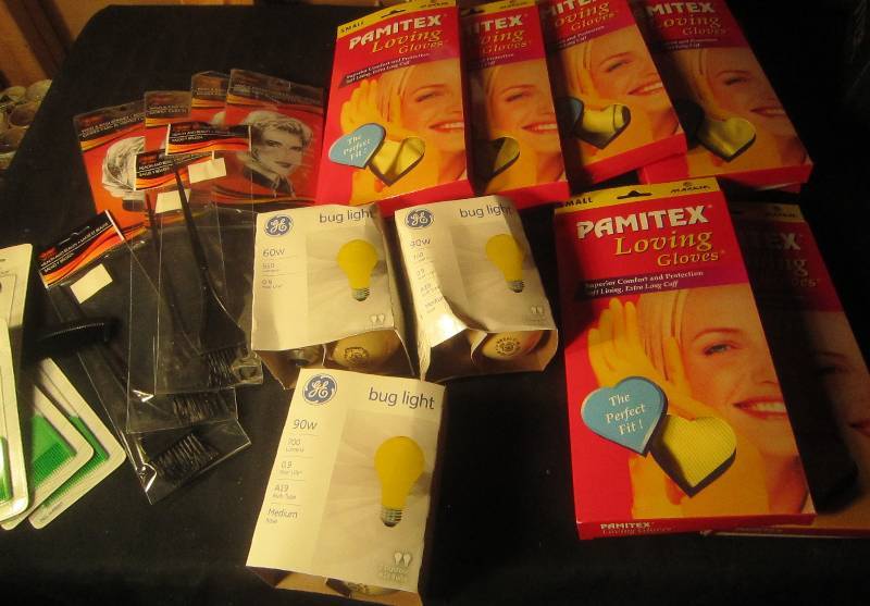 NEW LOT - 7 Sets of Rubber Gloves, 3 Packages of Yellow Lightbulbs, 4 Wind and Rain Bonnets, 3 Health and Beauty Brushes, 5 Lice Combs & Comb