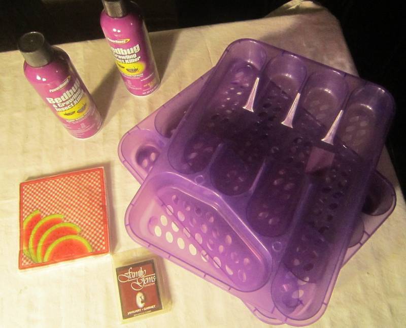 NEW LOT - 2 Silverware Holders, 2 Bed Bugs Spray (half full), Watermelon Napkins, Family Garnet Gem