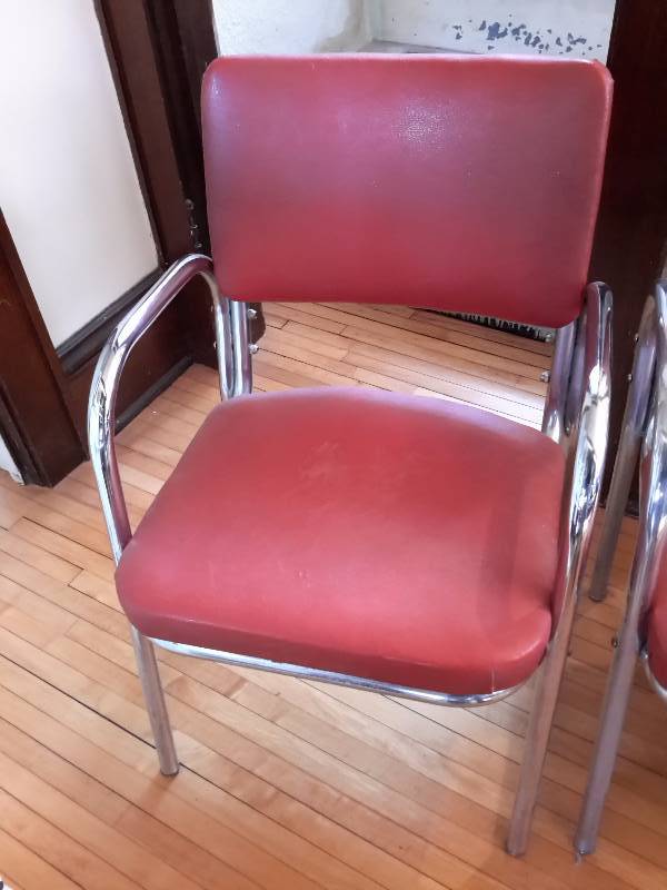 3, Mid Mod, Art Deco Chrome and RED grainy leatherette upholstery.. Very good shape for their age..  Small cig burn in one.