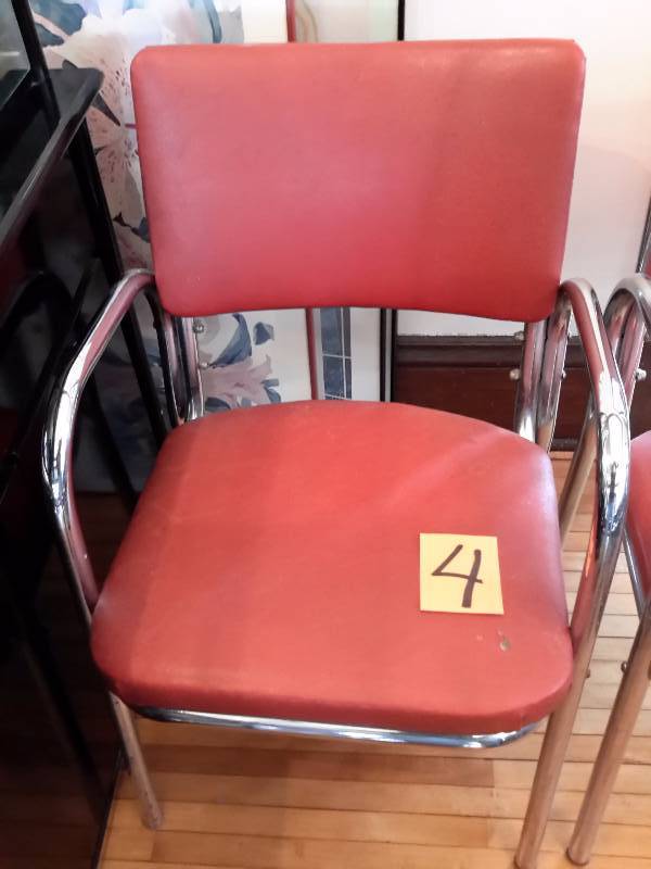 2, Mid Mod, Art Deco Chrome and RED grainy leatherette upholstery.. Very good shape for their age.. Just a small cig burn in one