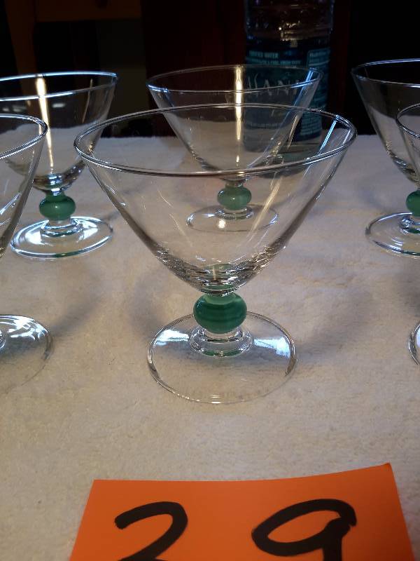 6 Martini Glasses with Green sleeve around bases