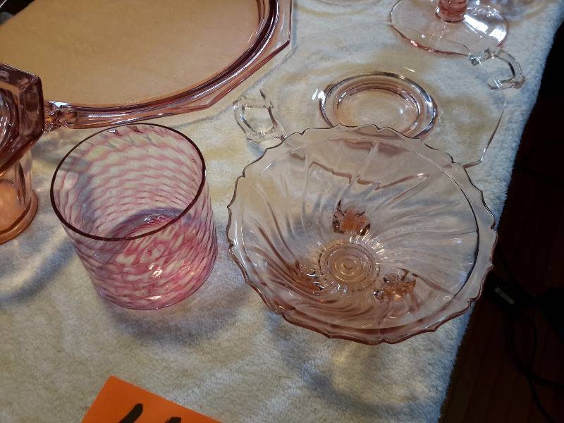 Large lot of Pink Glass Serving Dishes.. 2, Handled serving plates, cut glass platter, other items as pictured
