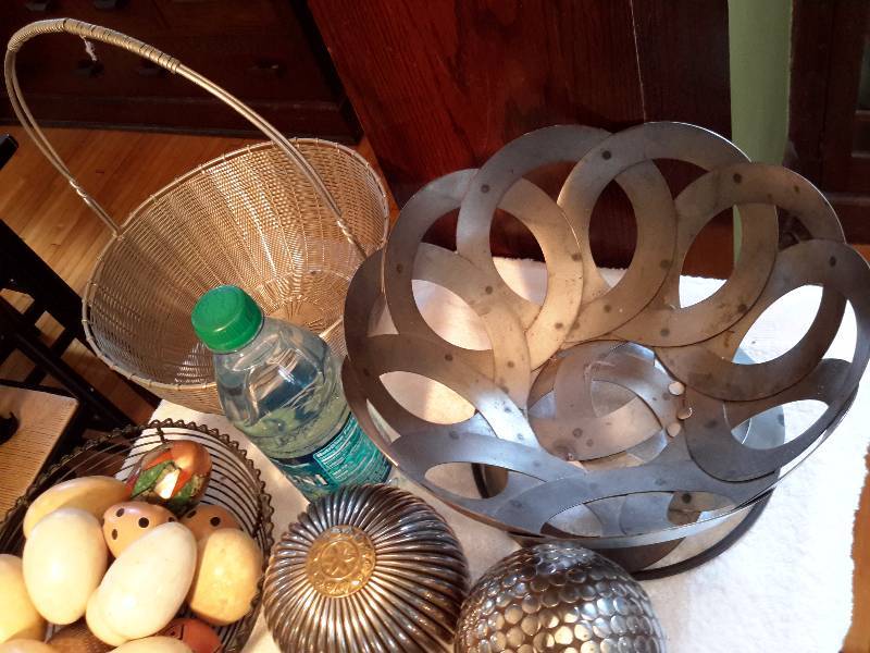 2 metal baskets and lot of various BALLS.. Metal, Stone, Wood.