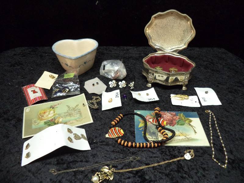 Lot - Jewelry Box, Misc Jewelry, Vintage Cards