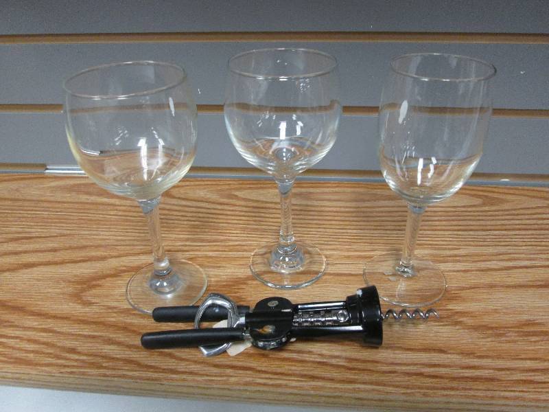 lot 33 image: 3 Libbey  wine glasses, cork screw...