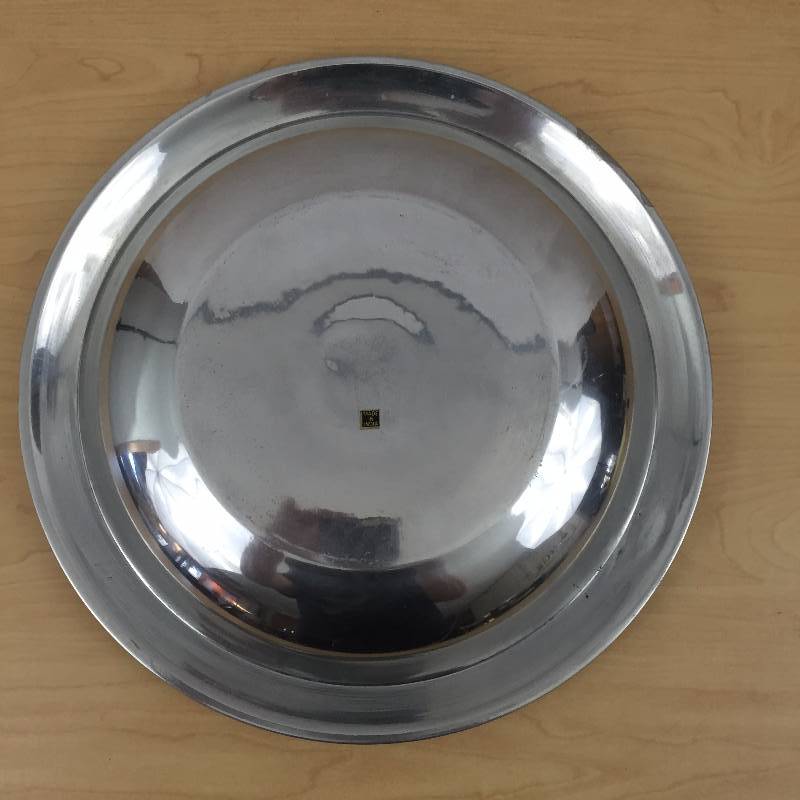 lot 77 image: Beautiful Vintage 14 Round Silver Plated Brass Mother of Pearl Inlay Deep Serving Tray