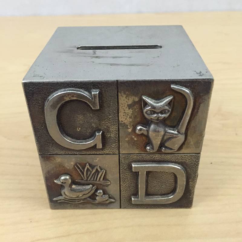 lot 87 image: Vintage Collectible Piggy Bank Alphabet Cube Block ABC Silver Plated Coin Money Baby Nursery