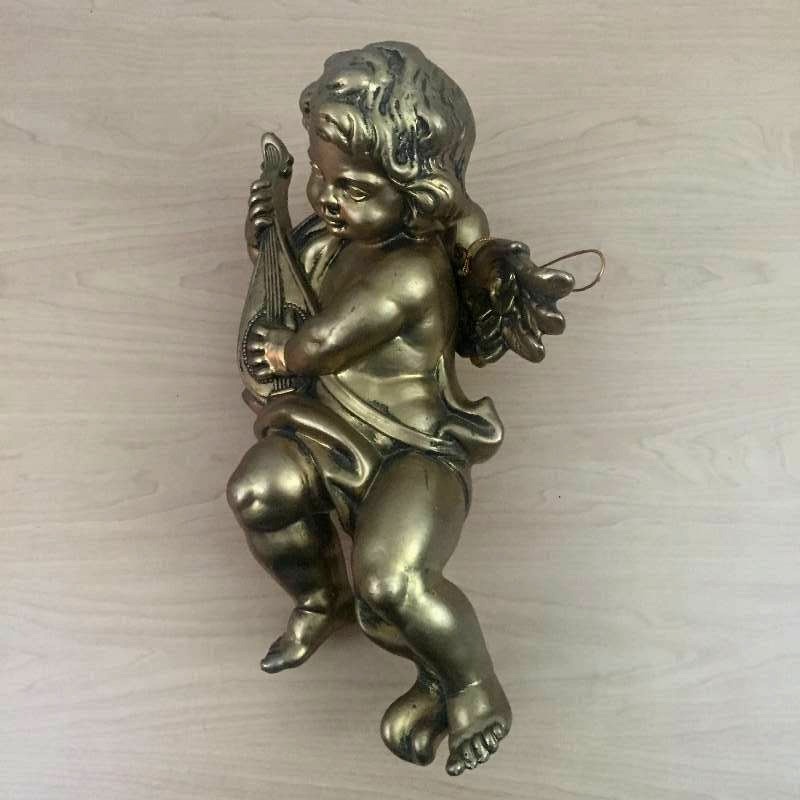 lot 95 image: Huge 18 Vintage 1940s Aged Gold Patina Blow Mold CHERUB PUTTI ANGEL With Lute Collectible Wall Hanging Decor