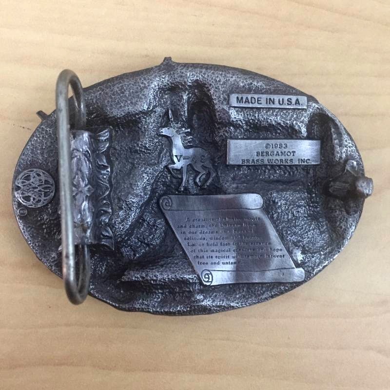 lot 93 image: Vintage Collectible 1983 Bergamot Brass Works Heavy Metal Unicorn Belt Buckle V-48 Made in U.S.A. Excellent