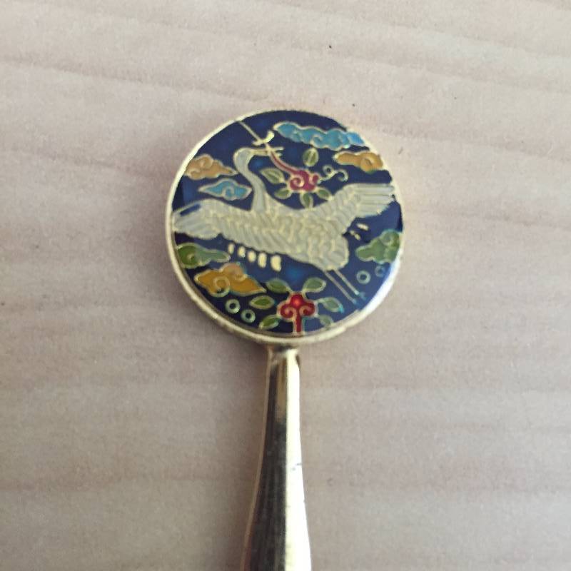 lot 96 image: Vintage Asian Arts Japanese Decorated & Hand Painted Enamel Crane Appetizer Fruit Fork & Spoon Set with Gold or Brass Bamboo Style Handles Collectibles