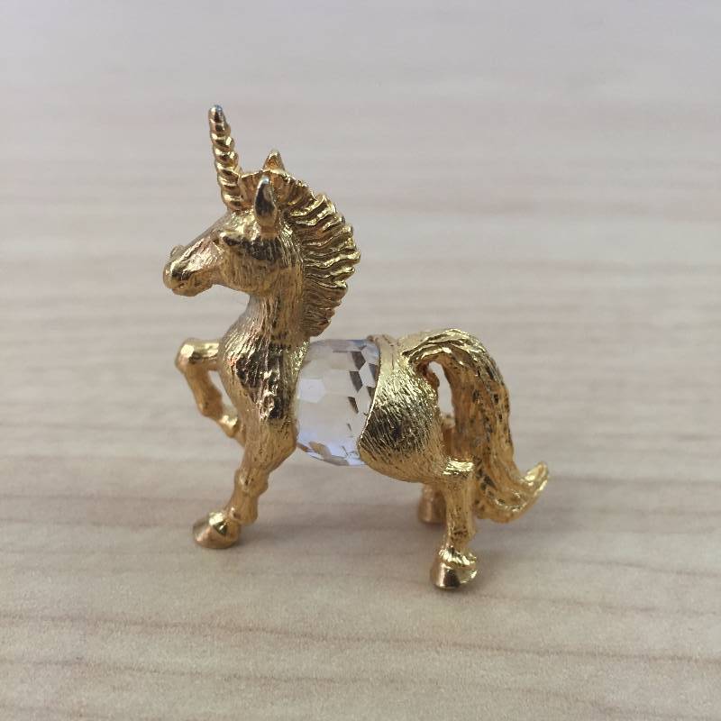 lot 97 image: Vintage Collectible Miniature Weighted Gold Metal Unicorn Horned Horse Figurine w Clear Faceted Crystal Ball