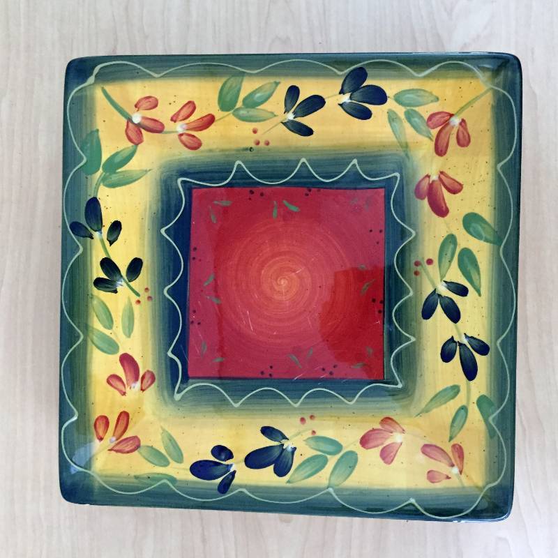 lot 107 image: 4 Gorgeous Corsica la Province Square Tuscany Style Plates - Corsica is Tabletops Unlimited - These Plates have utensil surface marks & occasional fleabites to the edge.