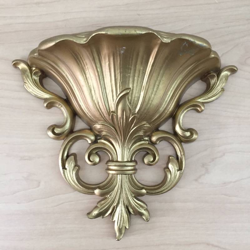 lot 110 image: 2 Gold Brassy Style Scroll Hollywood Regency Homco Wall Pockets Planters - Amazing As Is but Even Prettier Shabby Chicd