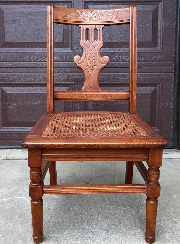 lot 103 image: Antique Hand Carved Wood Back Chair with Caned Seat - Lovely Detailed & Quality Workmanship but has wear