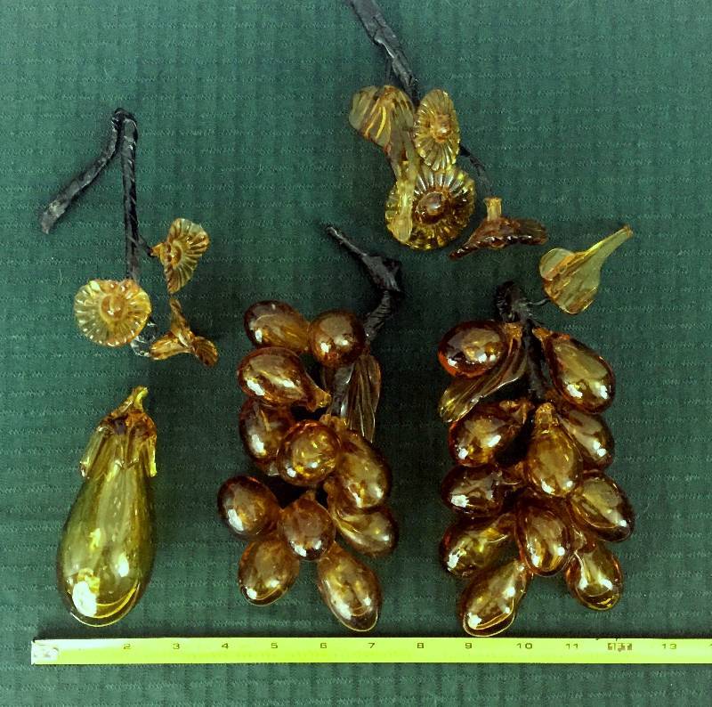 lot 121 image: Gorgeous Vintage Murano Style Venetian Art Glass Grapes Bunch Amber Fruit Brass Bowl Basket Vines Pear - Excellent