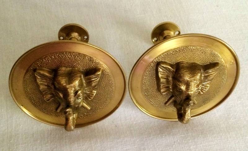 lot 122 image: 2 1960s Vintage Mid Century Modern Hollywood Regency Solid BRASS Gold Bas High Relief ELEPHANT Safari Library Man Cave Curtains Draperies Tie-backs Hardware