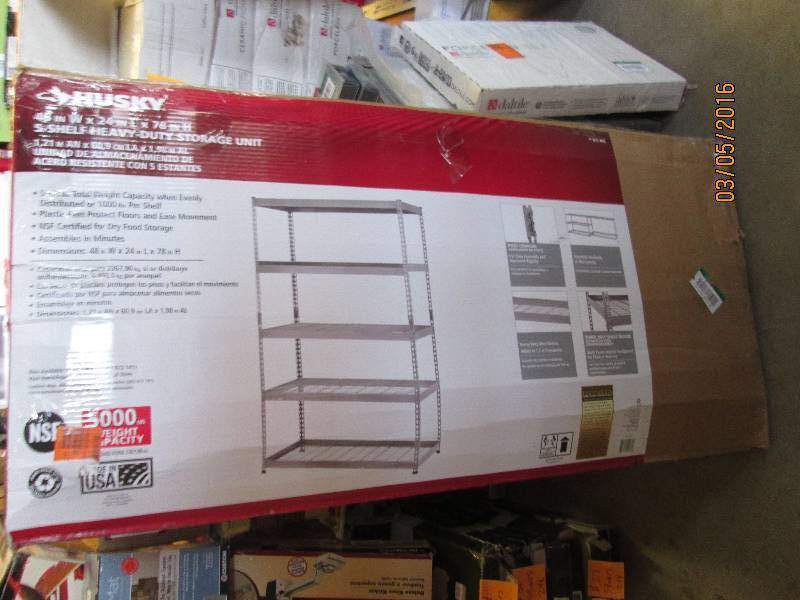 lot 89 image: Husky 48 x 24 x 78 shelf, silver, ...