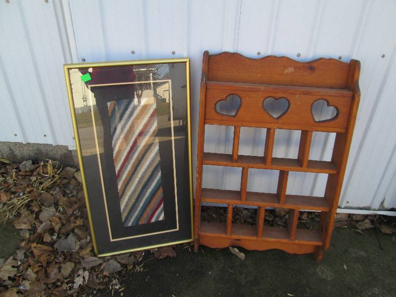 lot 124 image: Wood wall shelf and framed woven ar...