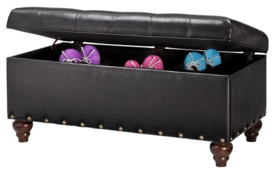 Tufted Ottoman Bench with Shoe Storage and Nailhead - Black
