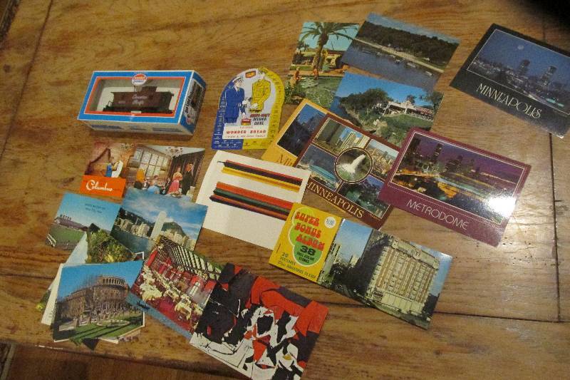 Model train car, vintage postcards ...
