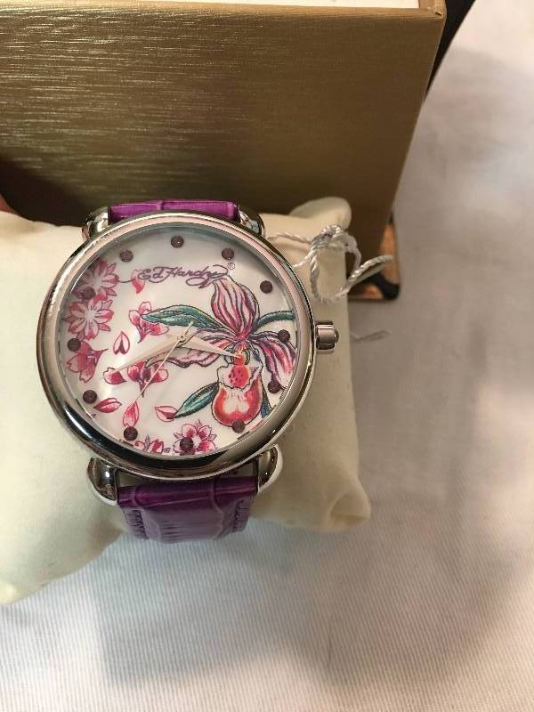 lot 29 image: Ed Hardy Ladies Garden Purple Leather Band Watch Retail $119