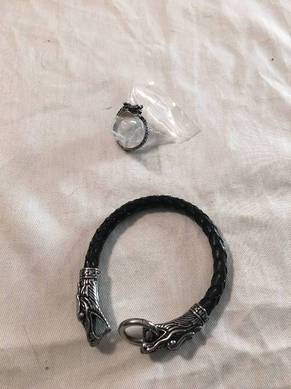 lot 52 image: Mens Stainless Steel Dragon Bracelet & Ring Set Size 8-9