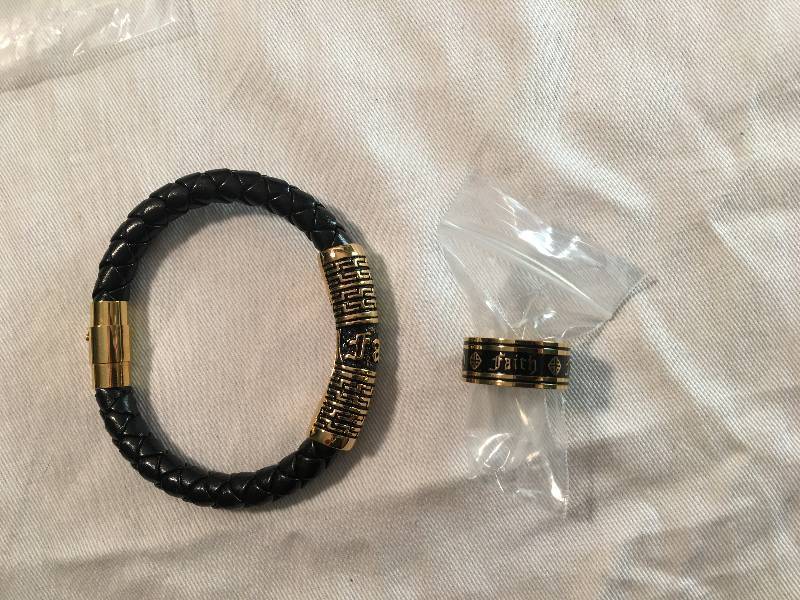 lot 54 image: Sanctify Faith Mens Goldtone Stainless Steel Bangle Bracelet & Ring  Size 9