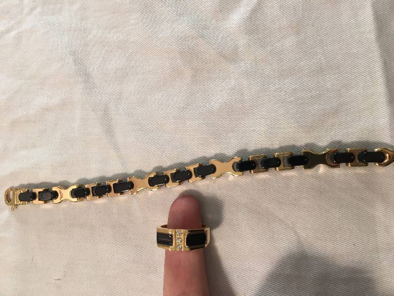 lot 71 image: Mens Black & Goldtone Bracelet & Ring Set Size 12