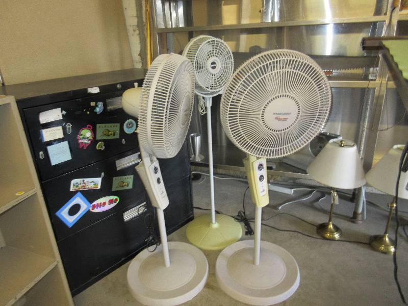 lot 5 image: Lateral File Cabinet & 3 Floor Fans