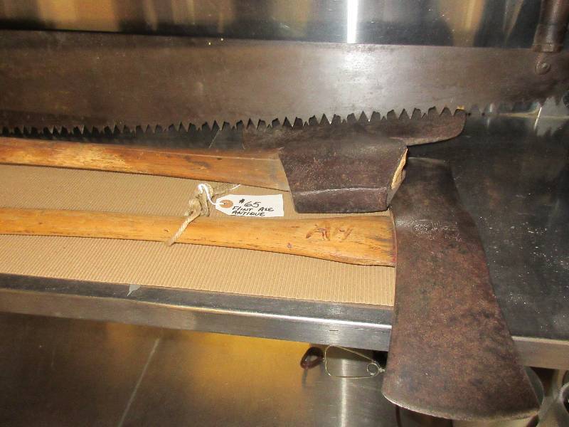 lot 6 image: Vintage Wood Tools - Axes, 2 Man Saw, Hand Saws