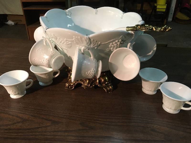 Stunning Milk Glass Punch Bowl and Cups