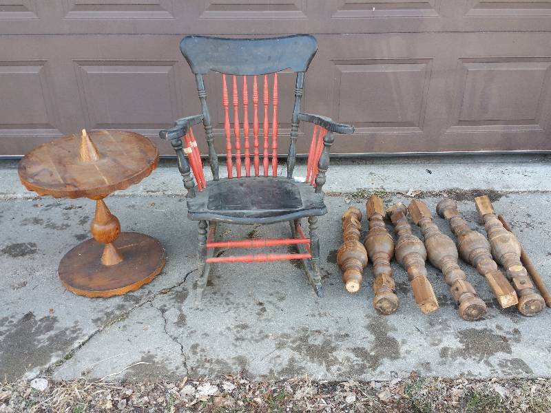 Antique Rocking Chair, Old Table Legs, and A Small Table