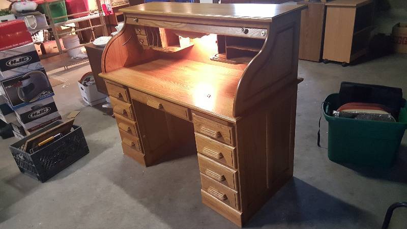 Solid Oak Lighted Roll Top Desk