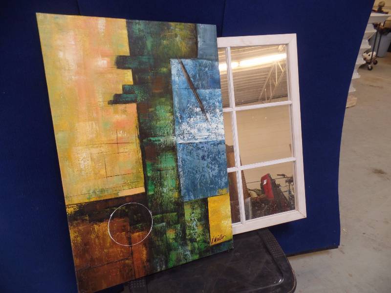 lot 42 image: Hand Painted Art Canvas Plus Mirror Window Frame