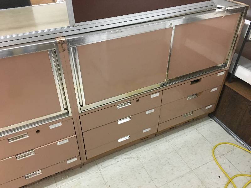 lot 299 image: display cabinet with sliding doors and multiple drawers