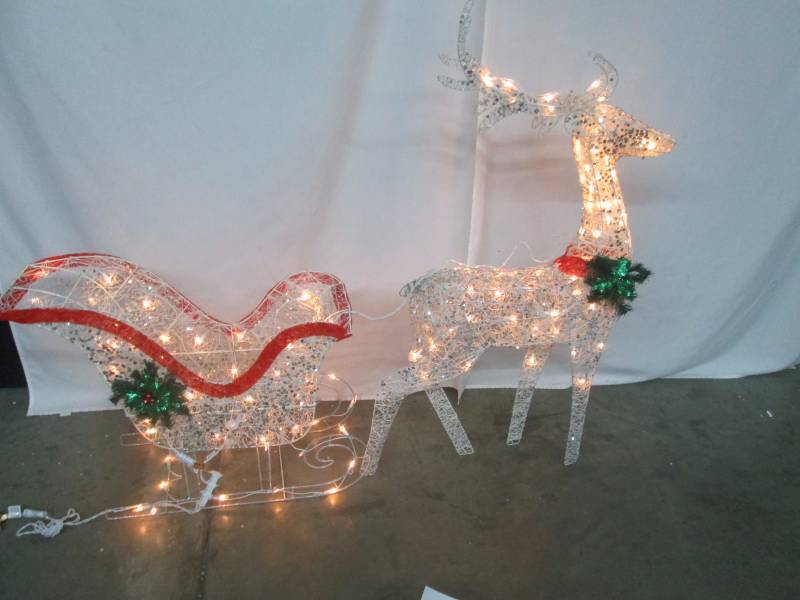 lot 60 image: alcove 53 Lighted Silver Glitter Reindeer w Sled
