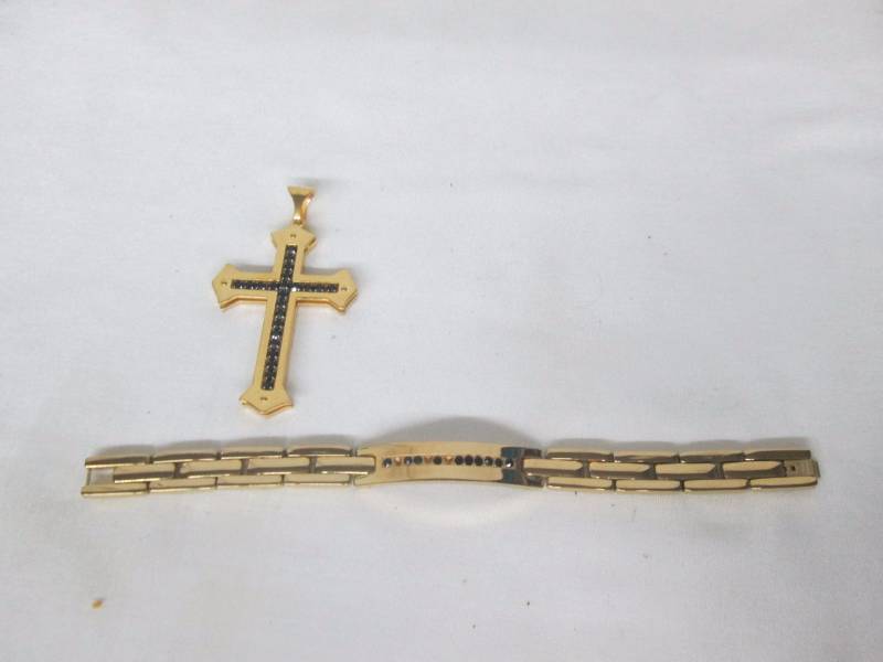 lot 94 image: Mens Goldtone Black Crystal Cross & Bracelet Set