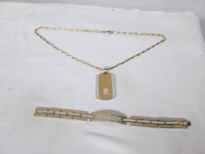 lot 96 image: Two-Tone Stainless Steel CZ Dog Tag & Bracelet Set