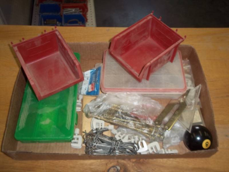 lot 82 image: assorted lot (tackle box wtackle, 8 ball, screws, chain)