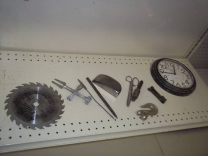 lot 157 image: assorted lot (saw blade, clock, scissors, hook)