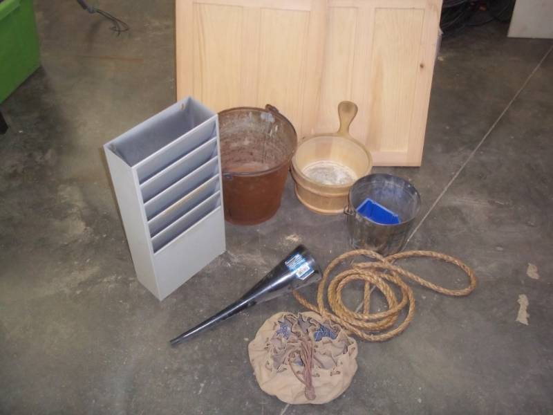 lot 222 image: 2 Cabinet doors, plastic funnel, paper organizer and leather pail nail pouch with 3 pails