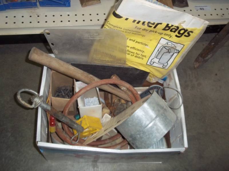 lot 234 image: Box with Hitch pin, hammer handle, Nails, screws, shop vac bag