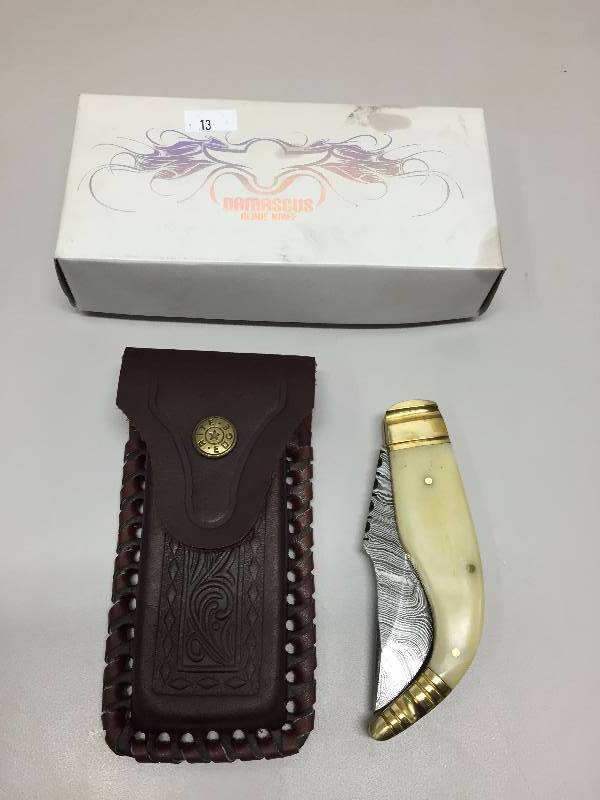 lot 13 image: DAMASCUS KNIFE WITH CASE