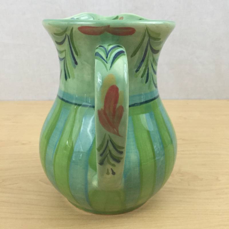 lot 7 image: Beautiful Artist Signed Gail Pittman Southern Living At Home Provence Hand Painted Decanter Jug Spring Floral Water Pitcher or Vase