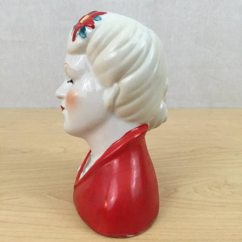 lot 10 image: Authentic Vintage Collectible Hand Painted NIPPON Lady Woman Red Dress Head Face Flashy Eyelashes Vase 6 14 Tall Flower in Hair - Excellent