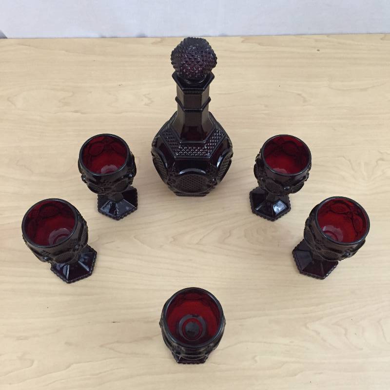 lot 16 image: Vintage Collectible Ruby Red Glass Brandy Liqueur Decanter Bottle with Stopper & 5 Snifter Cordial Wine Glasses - Excellent