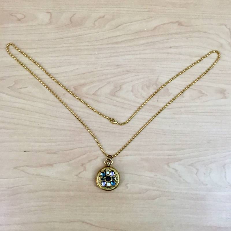lot 31 image: Heavy Vintage Lovely Antique Gold Brass & Stone Faux Locket Pendant Necklace - We do not believe the chain is original