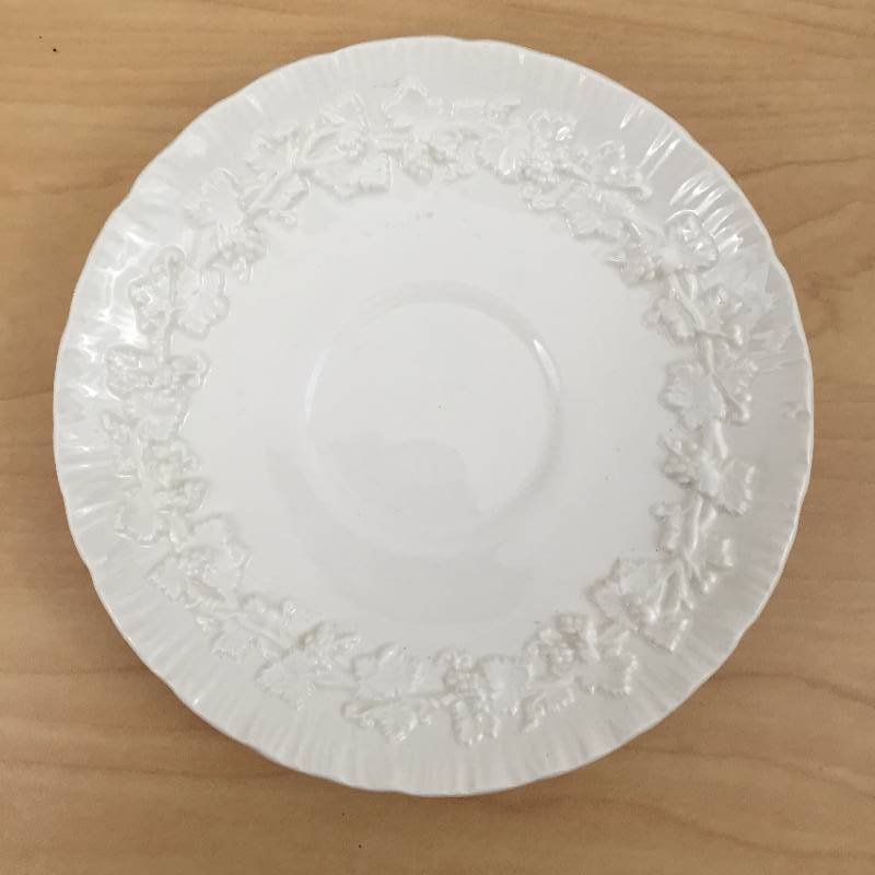 lot 48 image: 3 Vintage Wedgewood Queensware Embossed Cream on Cream Scallop Shell Edge Coffee Tea Saucers Etruria Barlaston