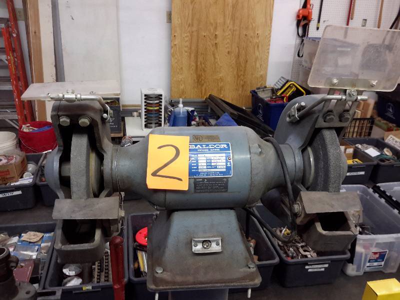 BALDOR, 10 in GrinderBuffer.  1 H.P. Single Phase, 115230 v,  Spec No.  G10-164-2  Serial No  F1079.  Works Well.  Exhaust units and fiber glass protectors